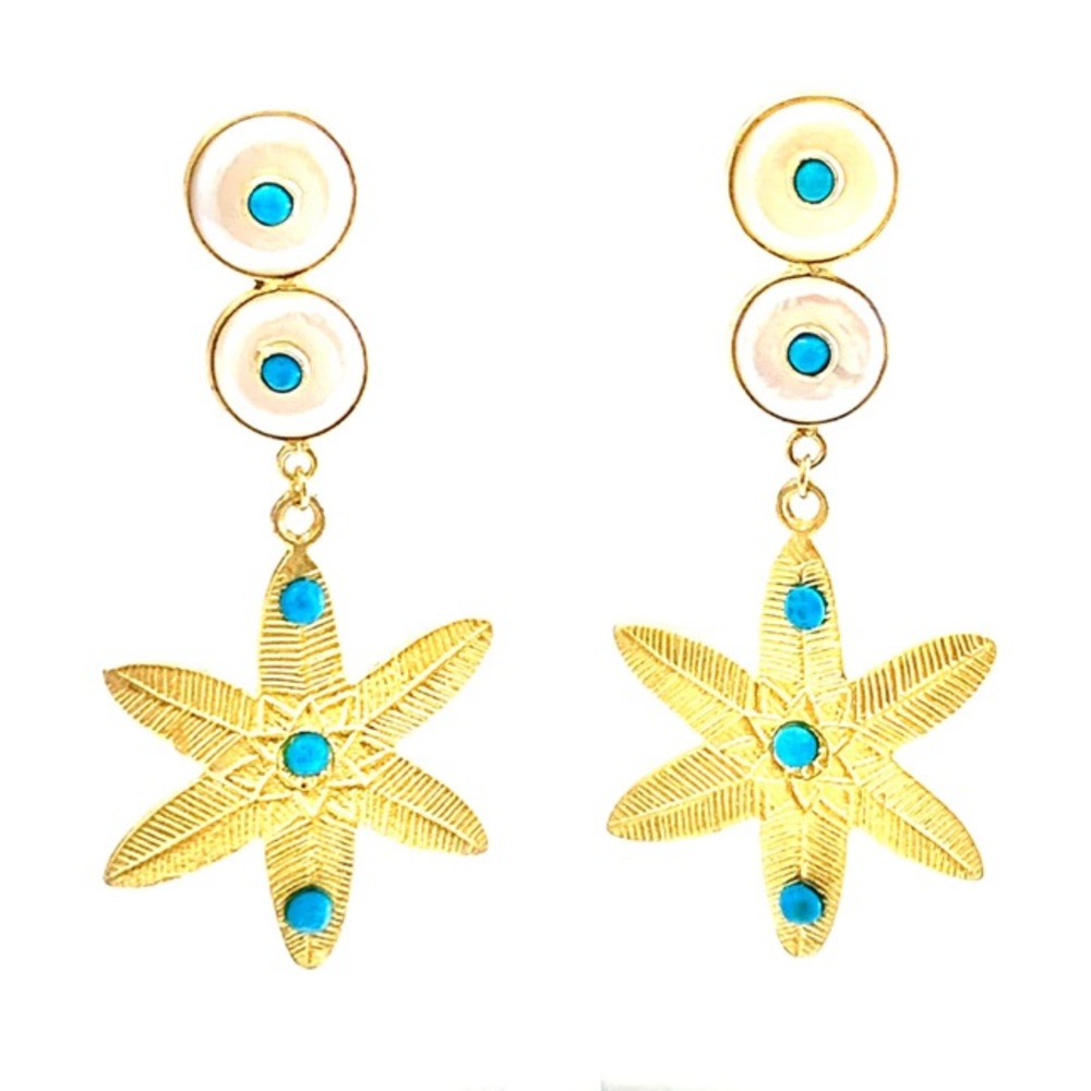 Goldenstrand Mother of Pearl, Turquoise & Gold Floral Drop Earrings, Boho Flower